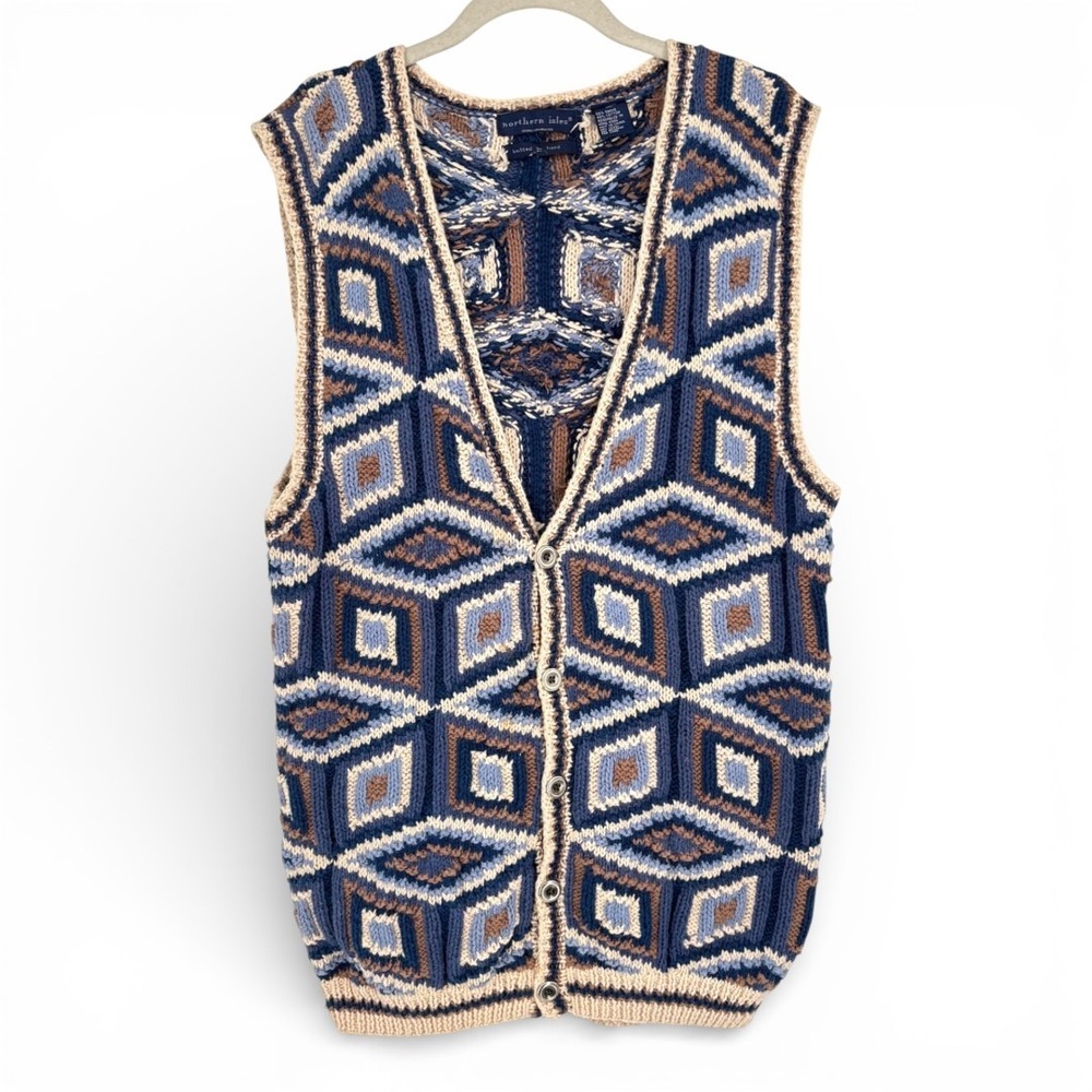 Vintage Northern Isles Hand Knit Geometric Sweater Vest Blue Brown Size L Chunky